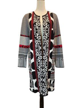 Chico's Black Long Cardigan Sweater Duster White Red Patchwork Jacquard